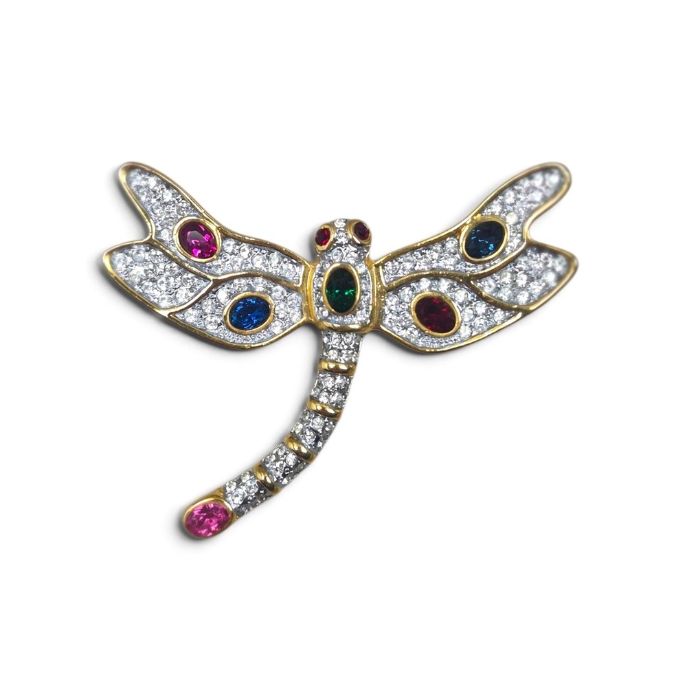 Vintage 1980s Pavé Rhinestone Dragonfly Brooch Multi Gemstone Gold Tone